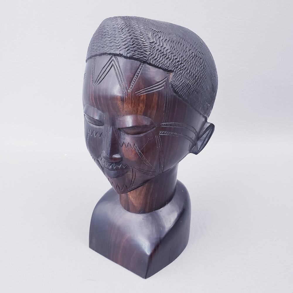 African Hand Carved Ebony Wood Tribal Sculpture Head Bust VINTAGE 7.5"